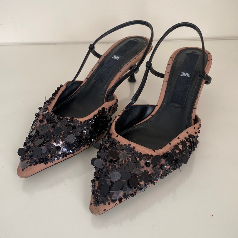 Zara Black Embellished Pointed Slingback Heels